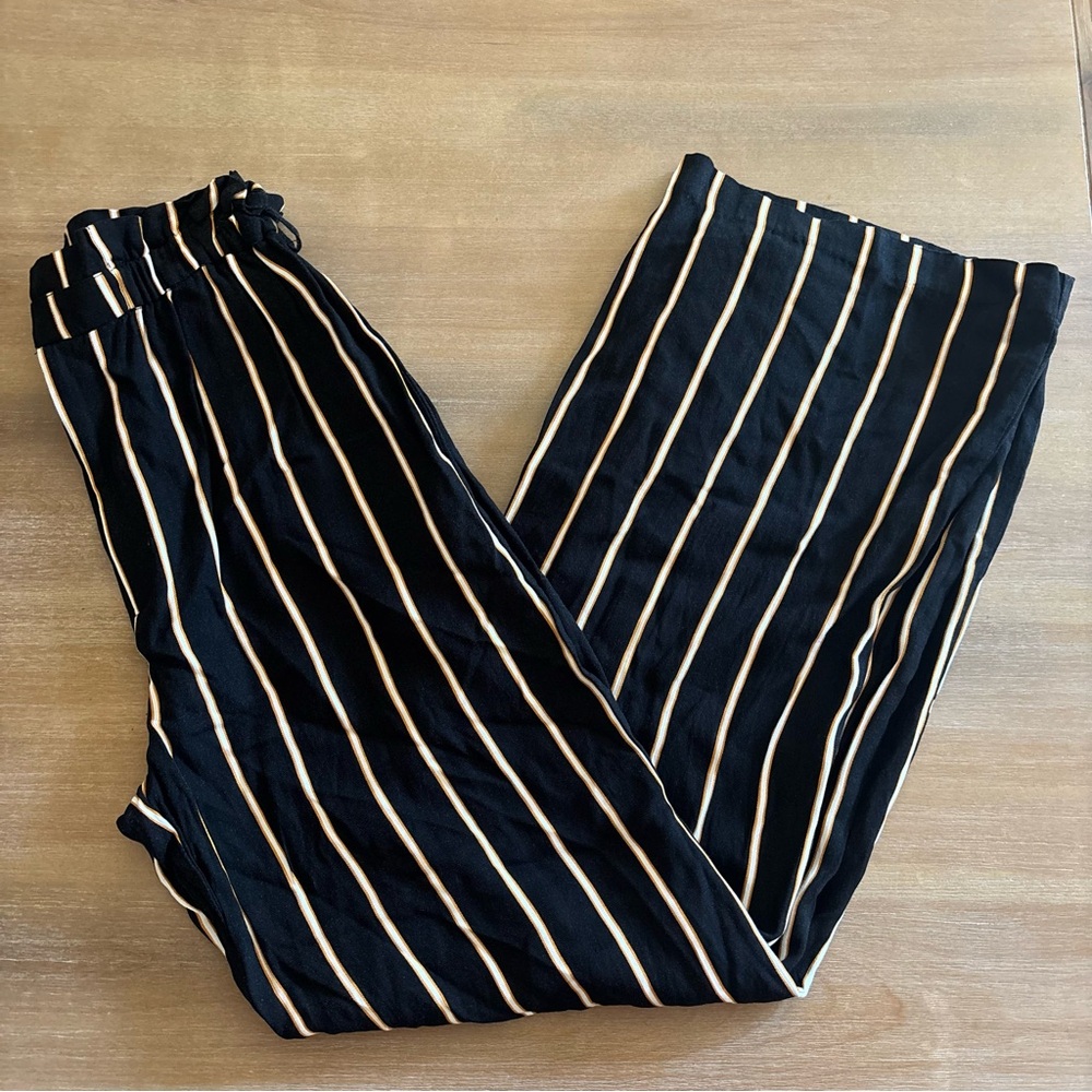 Forever 21 Black Elastic Waist Wide Leg Trousers White Yellow Stripe, S